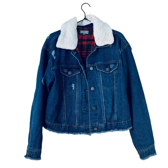 Tractr Womens Jean Jacket Blue White Buttons Pockets Sherpa Collar Denim S - Picture 1 of 9